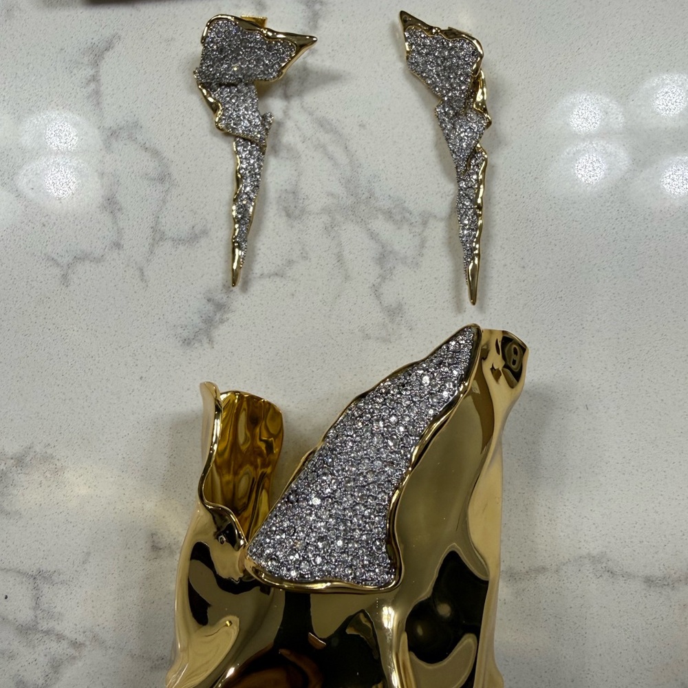 Alexis Bittar Silver and Gold Lightning Earrings and matching cuff bracelet